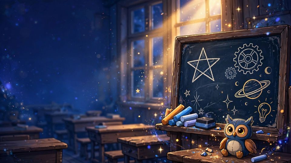 Una lavagna con stelle e ingranaggi in un'aula incantata