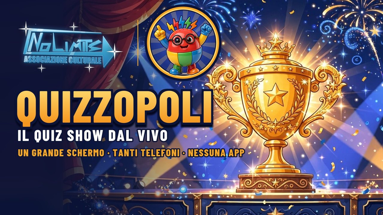 Quizzopoli: il quiz show dal vivo, con il trofeo d'oro, il logo No Limits e la mascotte