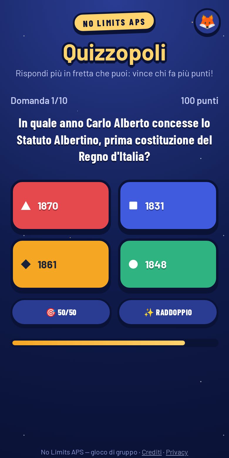 Telefono: una domanda con quattro risposte colorate e gli aiuti 50/50 e Raddoppio